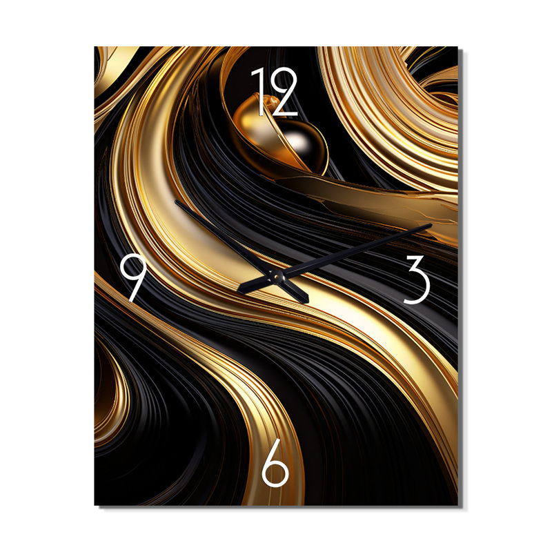 Abstrait abstrait liquide or et noir tourbillon I - spirales abstraites très grandes horloges murales