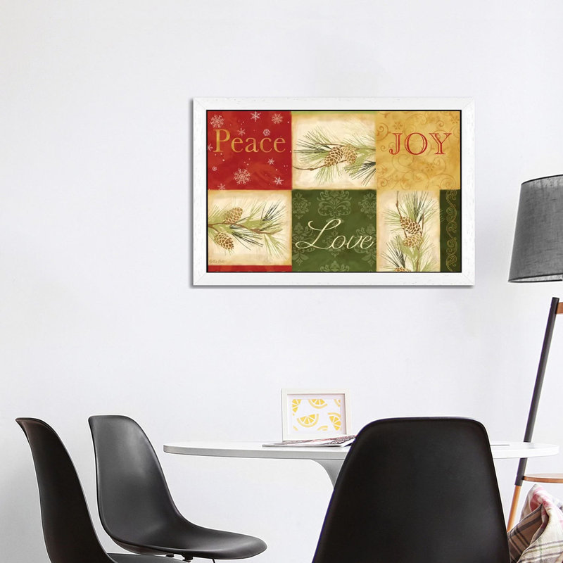 Peace Love Joy Pinecones by Cynthia Coulter - Floater Frame Print on Canvas, 101.6 cm H x 66.04 cm W, White