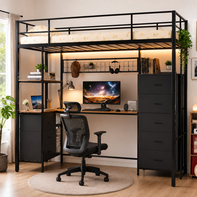 Loft Bed with L-Shaped Desk & RGB LED Lights, Built-in Power Outlets & USB Ports, 8 Storage Drawers & Shelves, Security Guardrail for Teens & Adults, Space-Saving Study Gaming Bed Frame for Bedroom