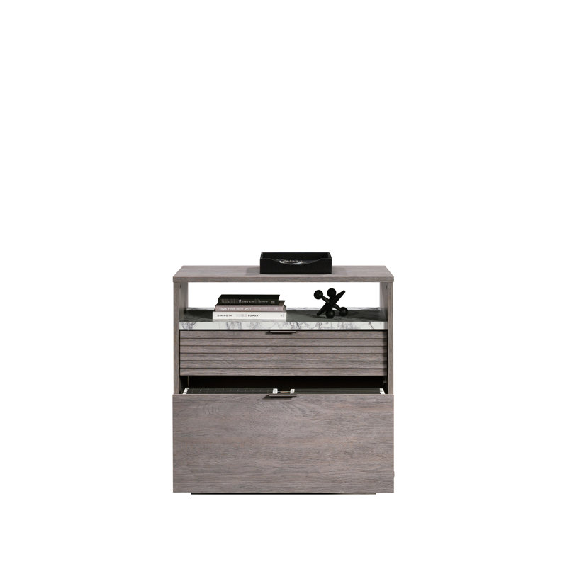 2, gris moyen, classeur latéral, rangement de documents, bureau à domicile, glissières d'extension, finition gris neutre, installation facile, classeur latéral gris moyen ouvert en faux marbre avec deux tiroirs pour organiser