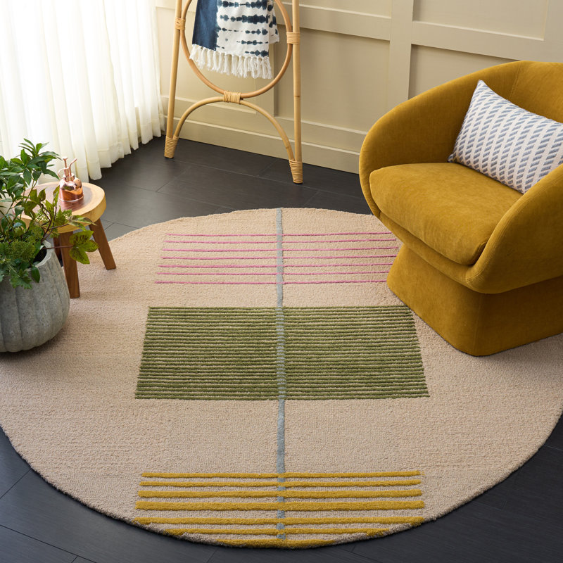 Tapis rayé vert / beige en laine / coton touffeté à la main Genres, Rond 6 pi