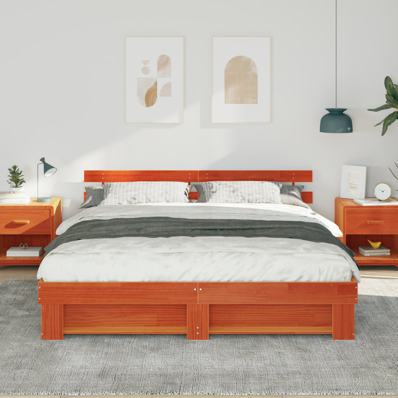 With Headboard Solid Pine Wood, Brown, Super King (6')