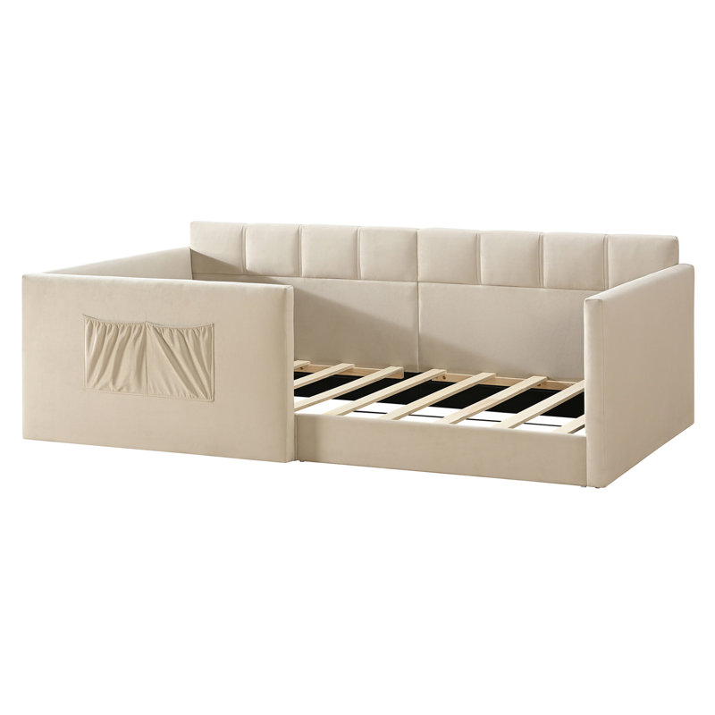 Canapé-lit simple en velours avec panneaux latéraux hauts et entrée latérale, lit d'invité peu encombrant avec poches de rangement, beige