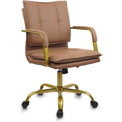  Chaises de bureau en cuir pour le bureau à domicile, chaise d'ordinateur pivotante à dossier moyen avec pieds et accoudoirs dorés, chaise de travail rembourrée confortable avec roulettes, brun