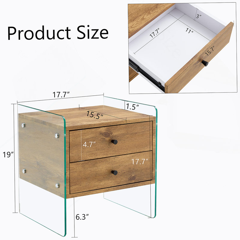 Double-drawer bedside table. The board surface is MDF with wood grain sticker, and both sides are transparent tempered glass. The design is simple and elegant, with excellent storage functions.