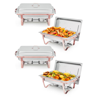 Chafing Dishes for Buffet Set of 4, 8QT Buffet Servers and Warmers Set with Lid & Foldable Frame, Rectangular Stainless Steel Chafer Food Warmer for Parties Wedding Catering Supplies, Rose Gold