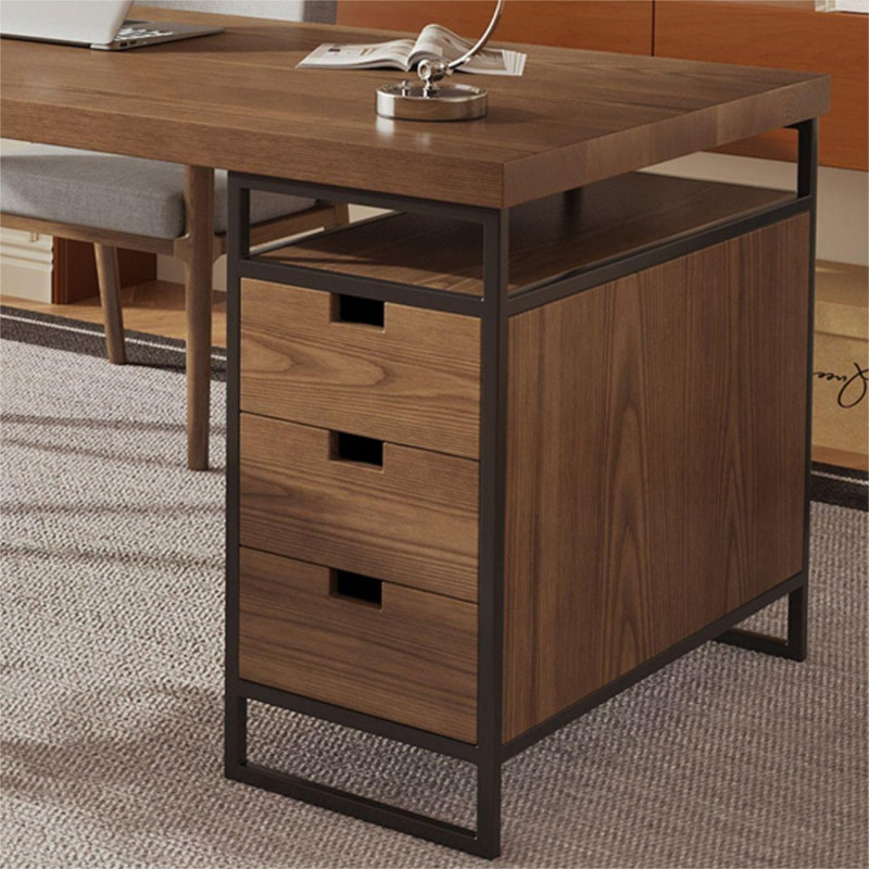 Bureau 3 tiroirs noyer clair + bois massif noir rectangulaire + fer + acier au carbone, H 29,53 po x l 70,87 po x P 23,62 po
