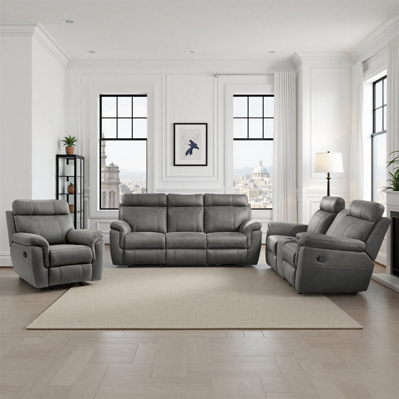 Britain Modern & Contemporary Polished Microfiber 3-Piece Living Room Set with Drop-Down Table, Gliding Console Loveseat & Tab Pull Recline