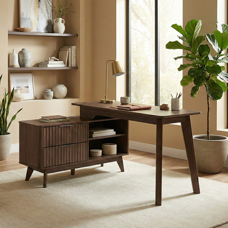 Jurine 55,12" L Shaped Writing Desk with Storage Cabinet, Walnut