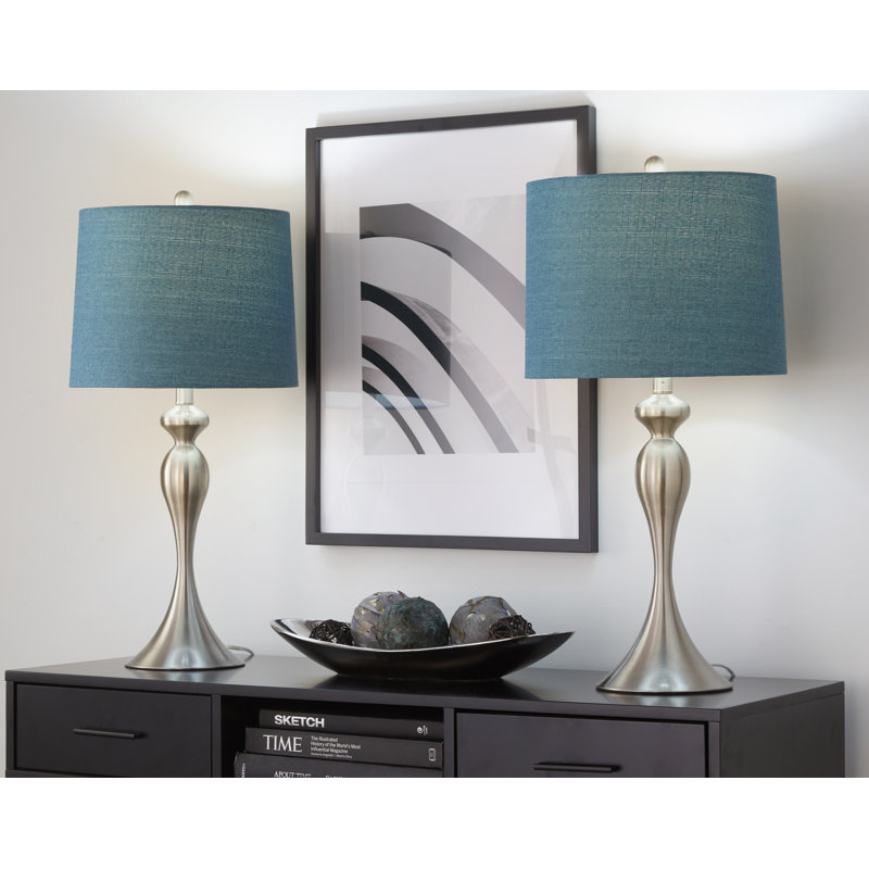 Ensemble de lampes de table en métal 27 po avec abat-jour empire en lin Kateryn, Nickel brossé, Bleu marocain