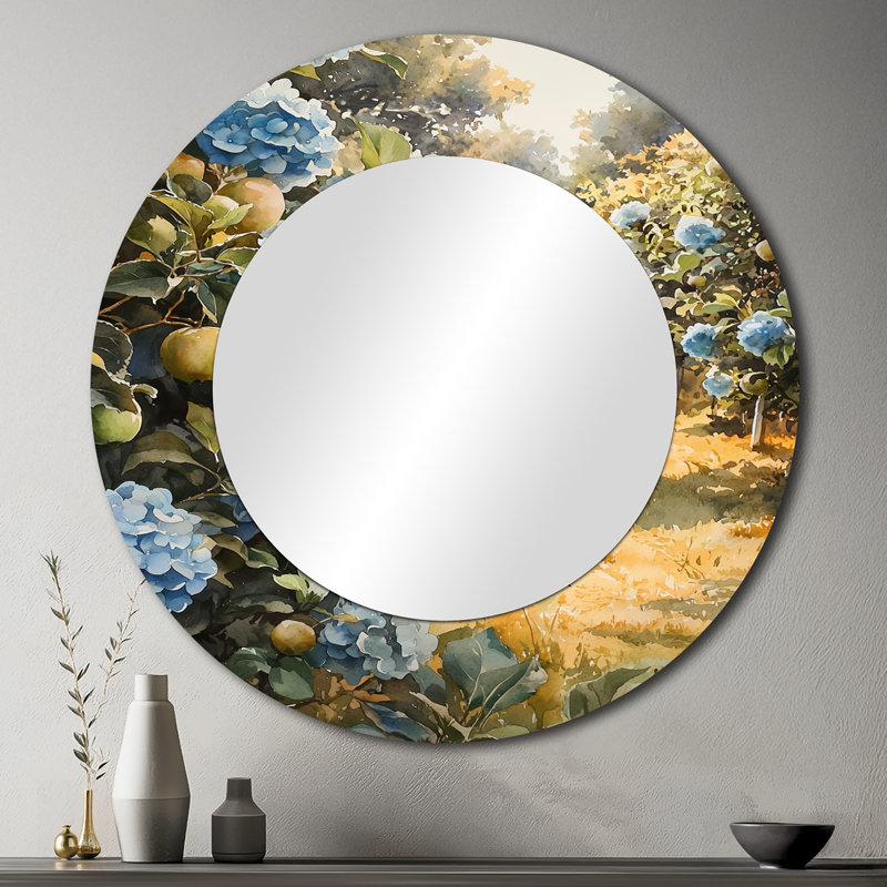 Hydrangeas In The Apple Orchard I - Miroir mural décoratif floral - imprimé sur métal, 36 po x 36 po