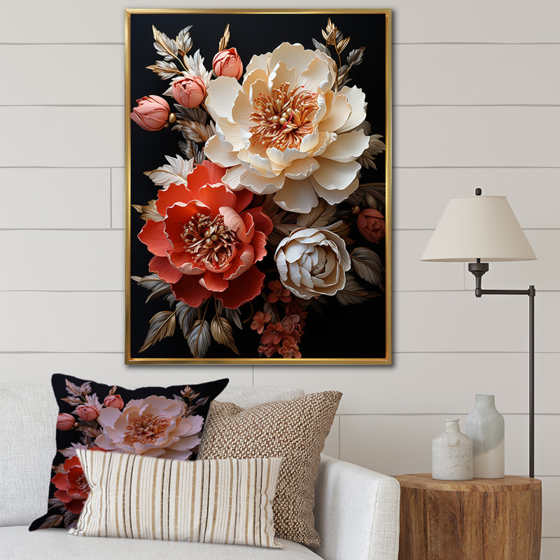 Pivoines colorées en pleine floraison sur toile, Cadre flottant doré, H 44 po x l 34 po x P 1,5 po