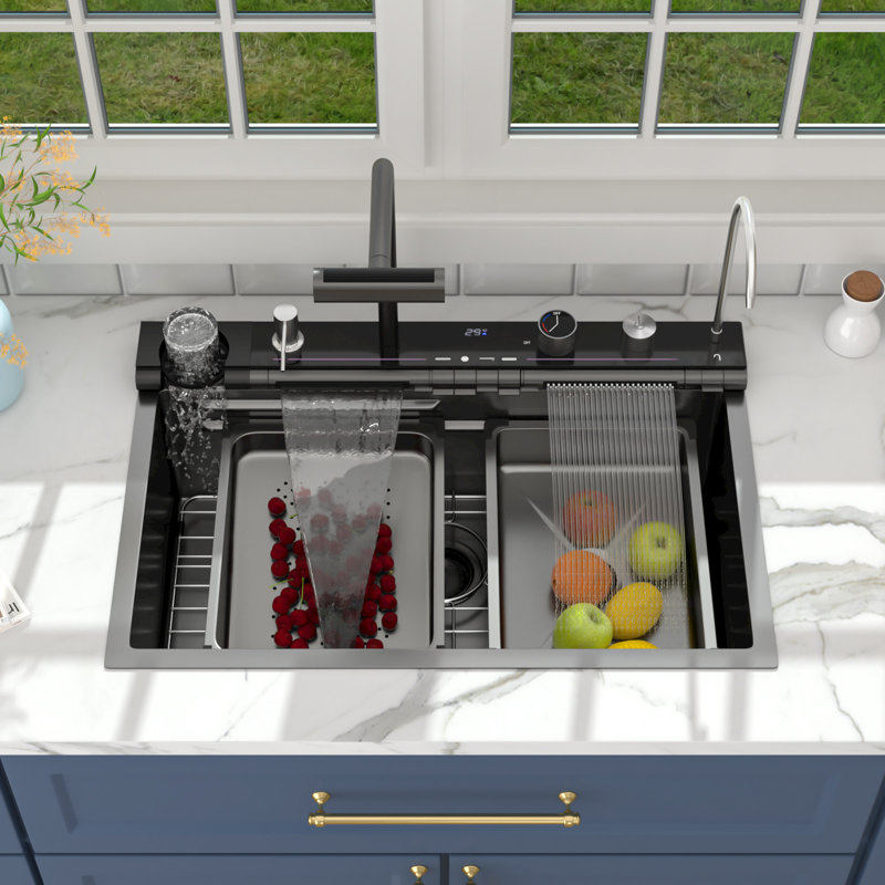 30" L x 19" W Drop-in Waterfall Kitchen Sink 16 Gauge Stainless Steel Multifunctional Workstation Kitchen Sink with Digital Display in Honeycomb Finish