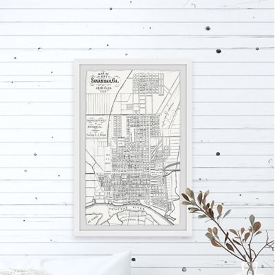 Carte de la ville de Savannah - Reproduction d'art graphique sur papier encadré