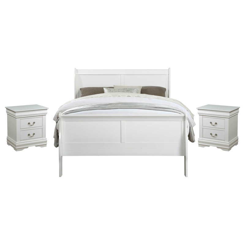 Ensemble de chambre à coucher Engstrom, Blanc, Grand, 3 pièces : 2 table de chevet, 1 lit