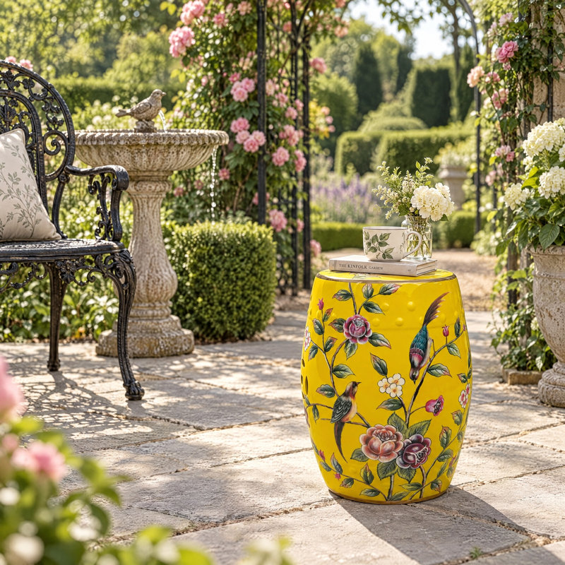 Tabouret en céramique fleur et oiseau
