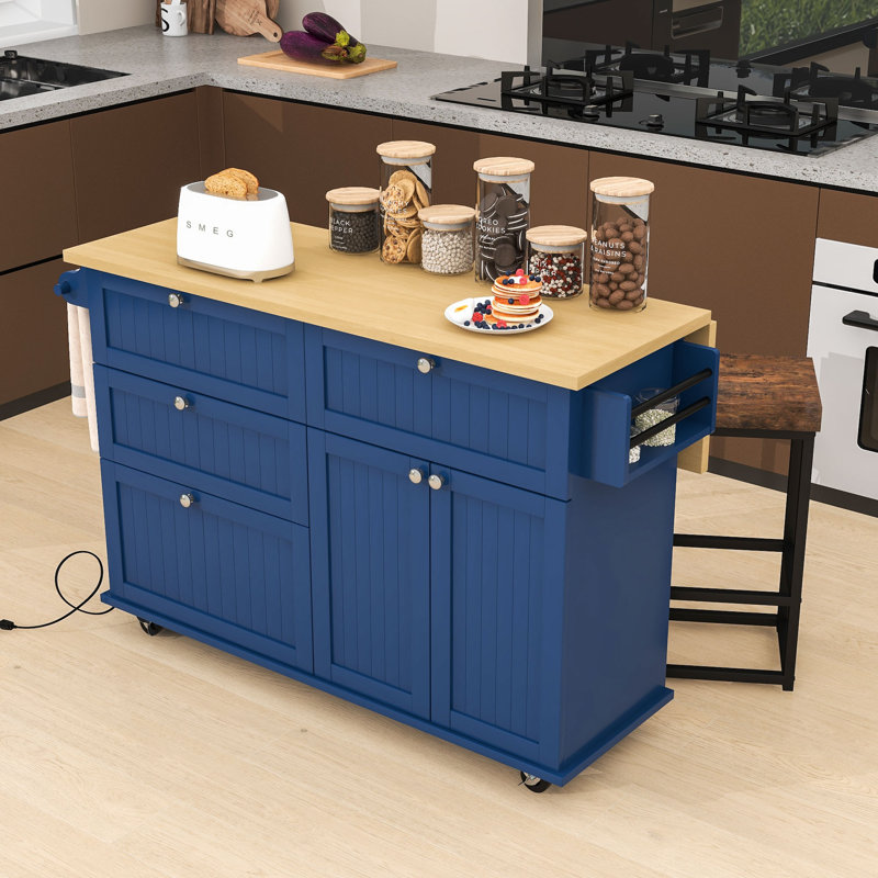 Farmhouse Rolling Kitchen Island with Drop Leaf, Storage Cabinet, Drawers, Power Outlet and 2 Stools, Blue