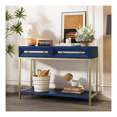 Table de vestibule, console à deux tiroirs, table de couloir rétro à motif géométrique saisissant pour le vestibule et le salon (bleu marine)