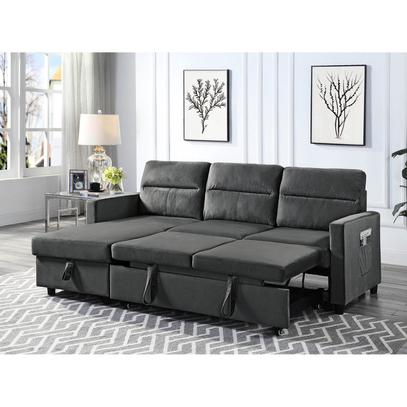 Canapé modulaire en velours gris foncé avec méridienne de rangement, poche latérale et méridienne 73 po x 53 po 16,5 po 50 po 22 po 7 po