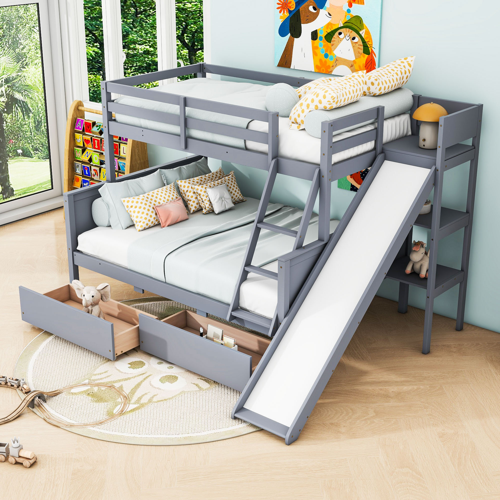 Harriet Bee Twin Over Full Bunk Bed With 2 Drawers, Slide, Shelves And ...