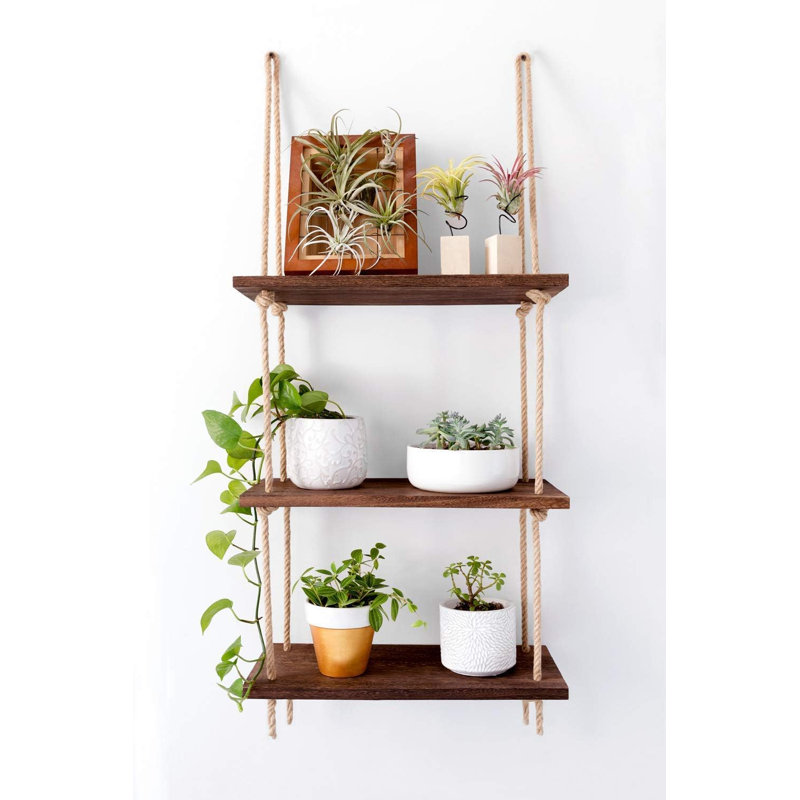 Hanging Shelves 3 Tier White Wood Wall Mount Floating Shelf With Rope Boho Decor For Living Room Bathroom Bedroom Kitchen Apartment - Rustic Wood Decorative Storage Shelf