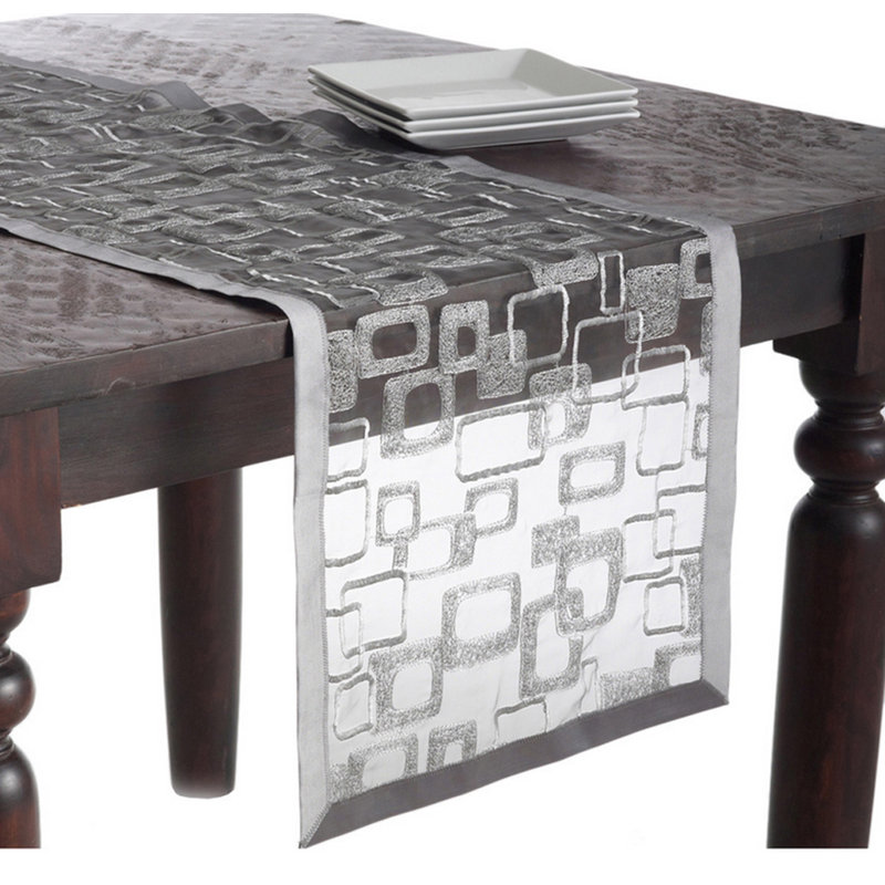 Everly Quinn Mondrian Embroidered Geometric Rectangular Table Runner, 90" x 16"