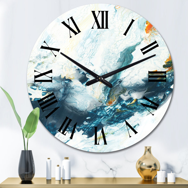 Bleu et blanc, nuages liquides, art II - horloge murale moderne, Moyen