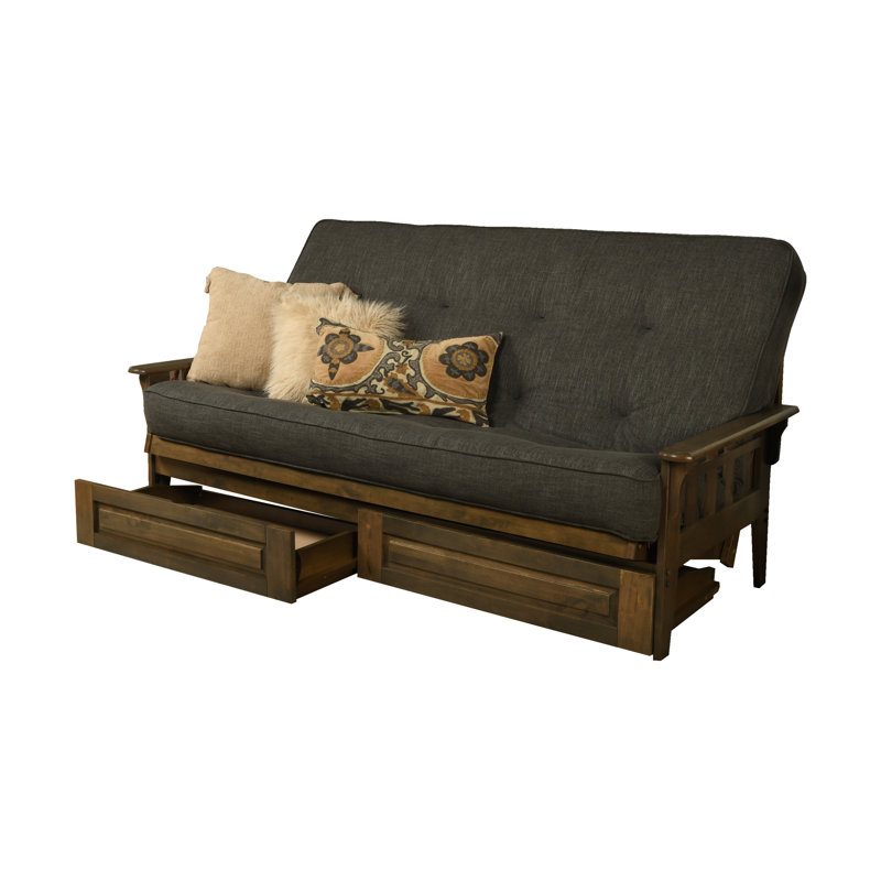 Stratford Queen 87" Wide Futon Frame and Mattress with Drawer Set, Charcoal Polyester