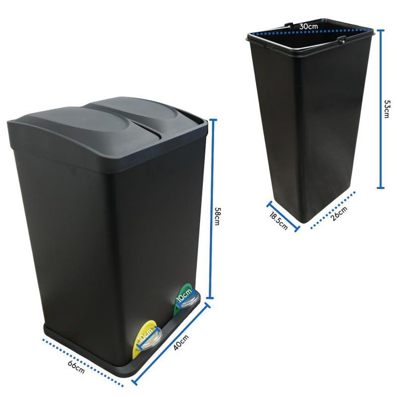 Daimien Stainless Steel Step On Kitchen Trash Can - 40L, Black, 58cm H x 40cm W x 66cm D
