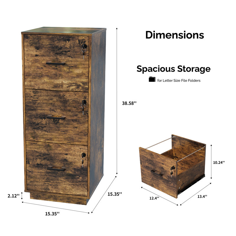 Wooden 3 Drawers File Cabinet With Lock 38.58"H, Brown