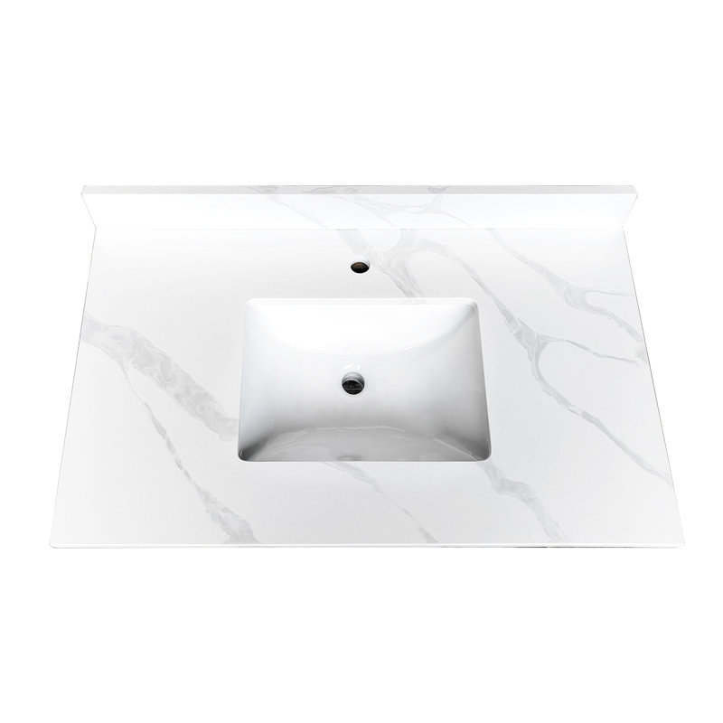 Comptoir de salle de bain en quartz de 37 pouces avec lavabo encastré, dosseret de 4 pouces de hauteur, 1 trou de robinet pré-percé, comptoir de salle de bain blanc facile à installer, parfait pour les invités