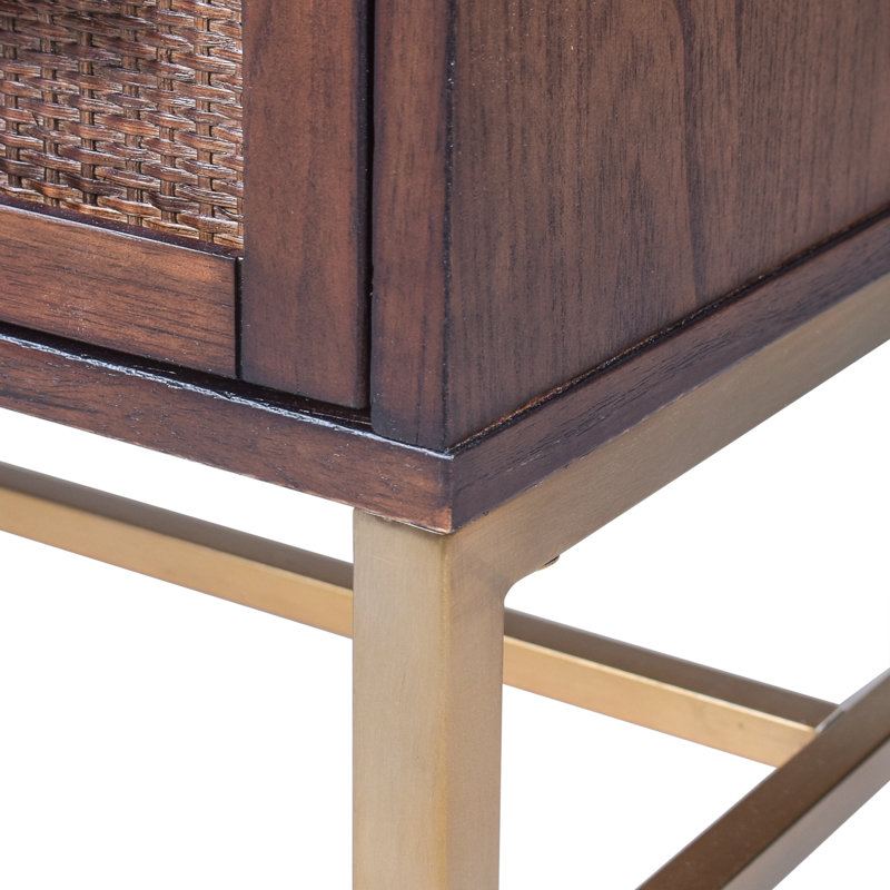 Mochaccino Brown Rattan 2-Drawer Nightstand with Brass Accents