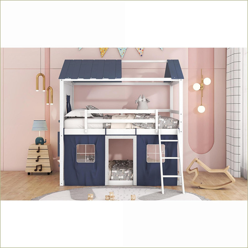 Lit double en bois de pin avec maisonnette Tente, bleu + blanc, aucun sommier nécessaire, Blanc / Bleu