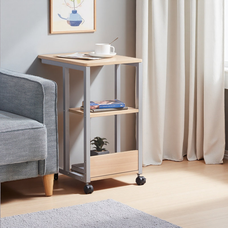 Table de bout en forme avec roues verrouillables, rangement à deux niveaux, table d'appoint roulante pour canapé ou chambre à coucher