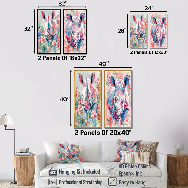 Ensemble de 2 pièces d'art mural rhinocéros rose et vert Wondering Meadows I, H 32 po x l 32 po, Impression encadrée, Blanc