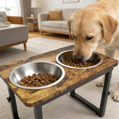 Adjustable Metal & Wood Elevated Dog Feeder With 2 Stainless Steel Bowls