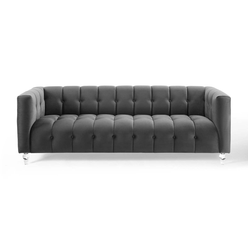 Mesmer Channel Tufted Button Performance Velvet Sofa In Charcoal, Charcoal