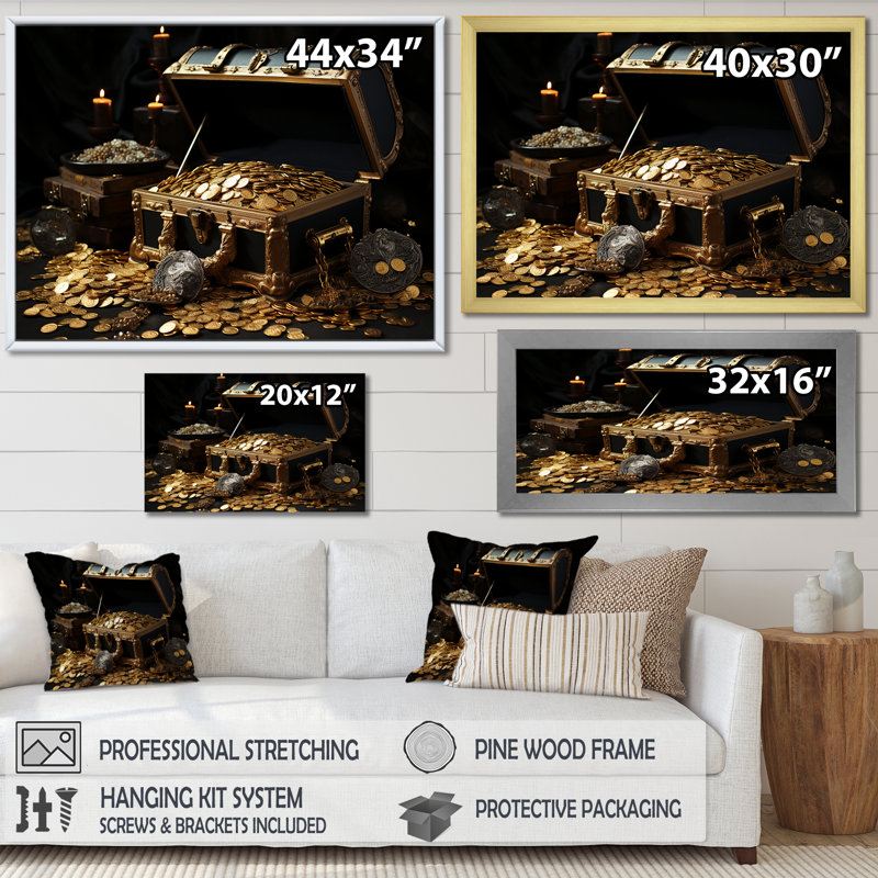 Pirate s Gold treasure 2 - art mural pirate, Cadre flottant brun, H 24 po x l 32 po x P 1 po