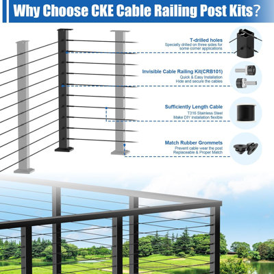 T-Drilled Corner Post Cable Railing, Three Sides T-Drilled 36" Cable Railing Corner Post (Post 35"x2"x2")