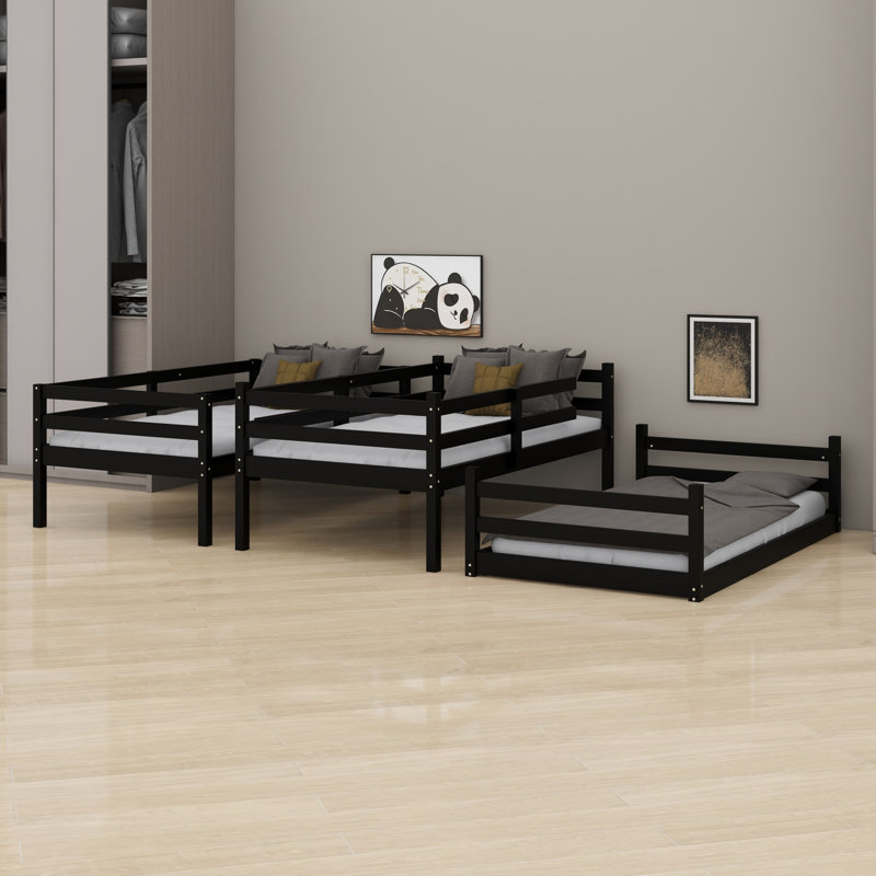 Triple Bunk Bed Featuring  Two Integrated Ladders and Guardrails, Convertible to Separate Beds, Black