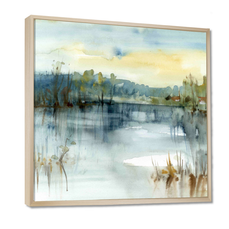 " Summer Lake Landscape Illustration ", 36" H x 36" W, Floater Framed, Maple