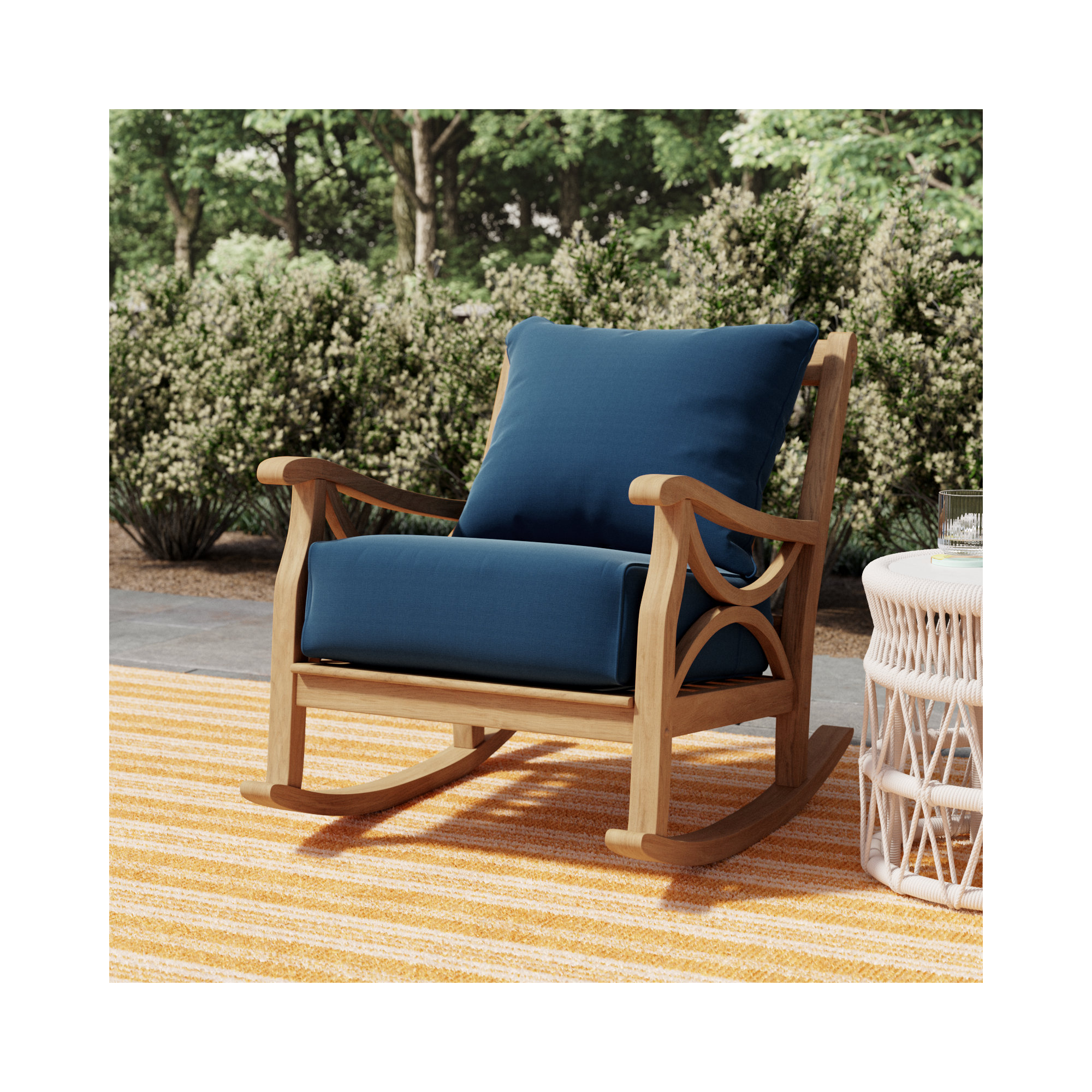 Brunswick Teak Outdoor Rocking Chair with Cushions, Navy Performance