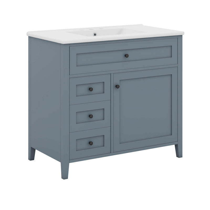 Meuble-lavabo 36 po avec lavabo en céramique, 3 tiroirs et un tiroir basculant, Noir, Bleu gris