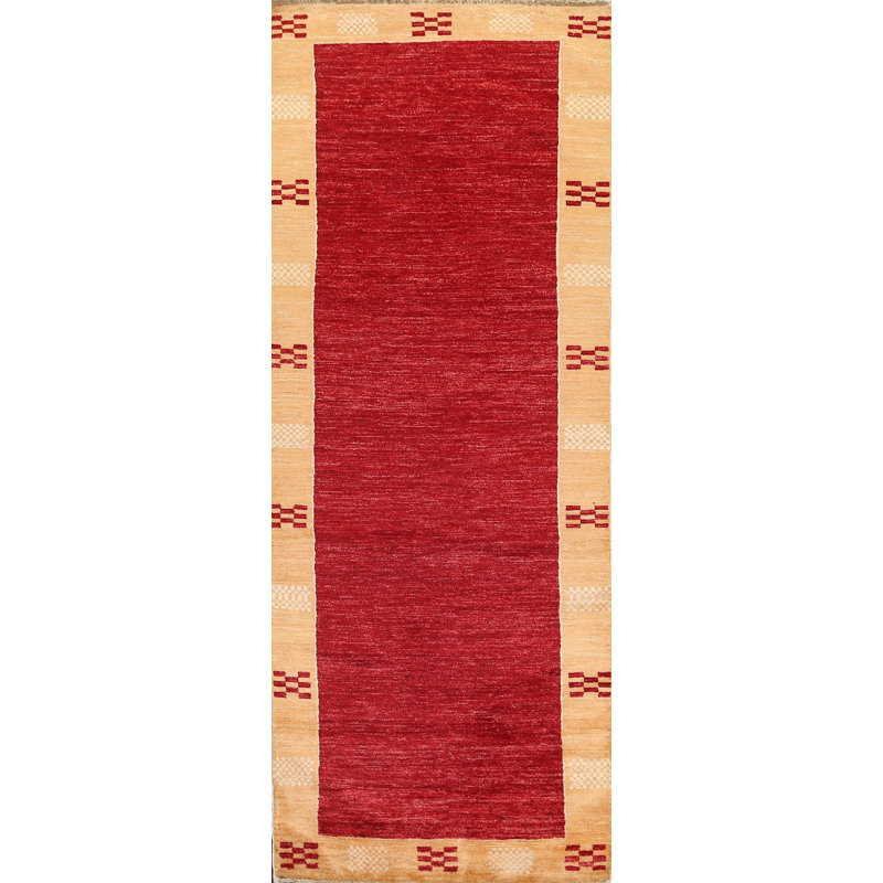 Tapis de couloir rouge en laine noué à la main de conception unique Taille 2 pi 8 po x 8 pi 5 po Karita