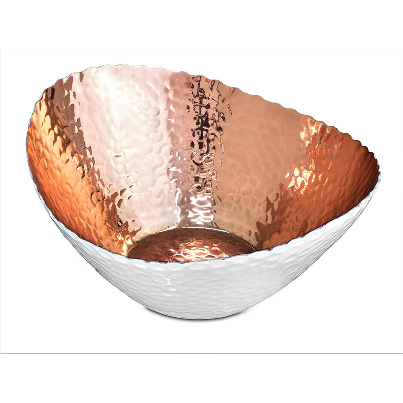 Hand Hammered White and Copper Aluminum Oval Bowl, 7.5 inch