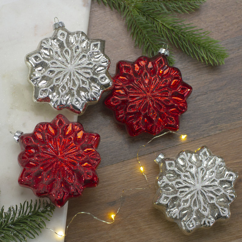 4Ct Red & Silver Glass Snowflake Hanging Christmas Decorations 3.75-Inch (100Mm)