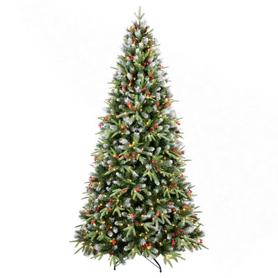 Arbre de Noël 6 pi avec 350 lumières DEL blanc chaud - 1593 branches en PE + PVC, baies rouges et pommes de pin, conception à charnières, support en métal stable - décoration de Noël réaliste