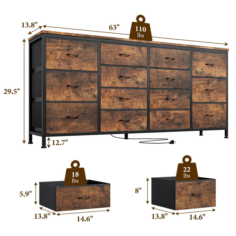  Long 14 Drawer Dresser TV Console, Power Outlets, 63” Storage Chest for Bedroom, Brown
