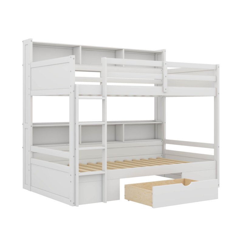 Lit superposé simple avec tablettes intégrées aux lits supérieur et inférieur, plus un tiroir de rangement, Blanc