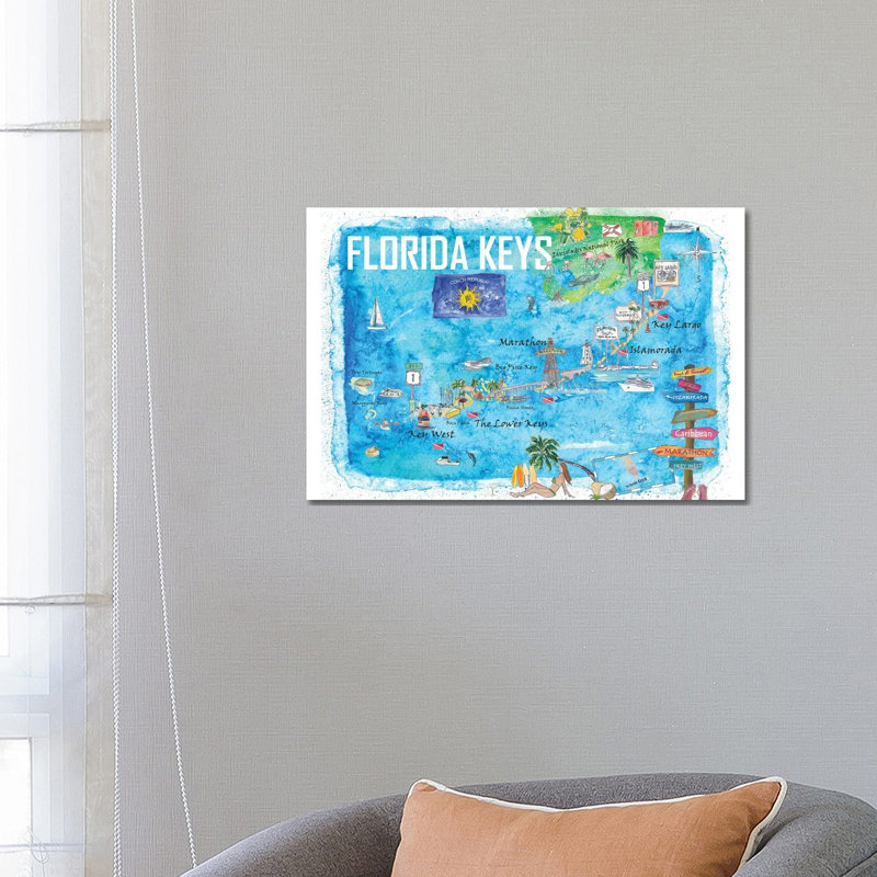 Florida Keys Key West Marathon Key Largo Illustrated Travel by Markus & Martina Bleichner - Wrapped Canvas Painting